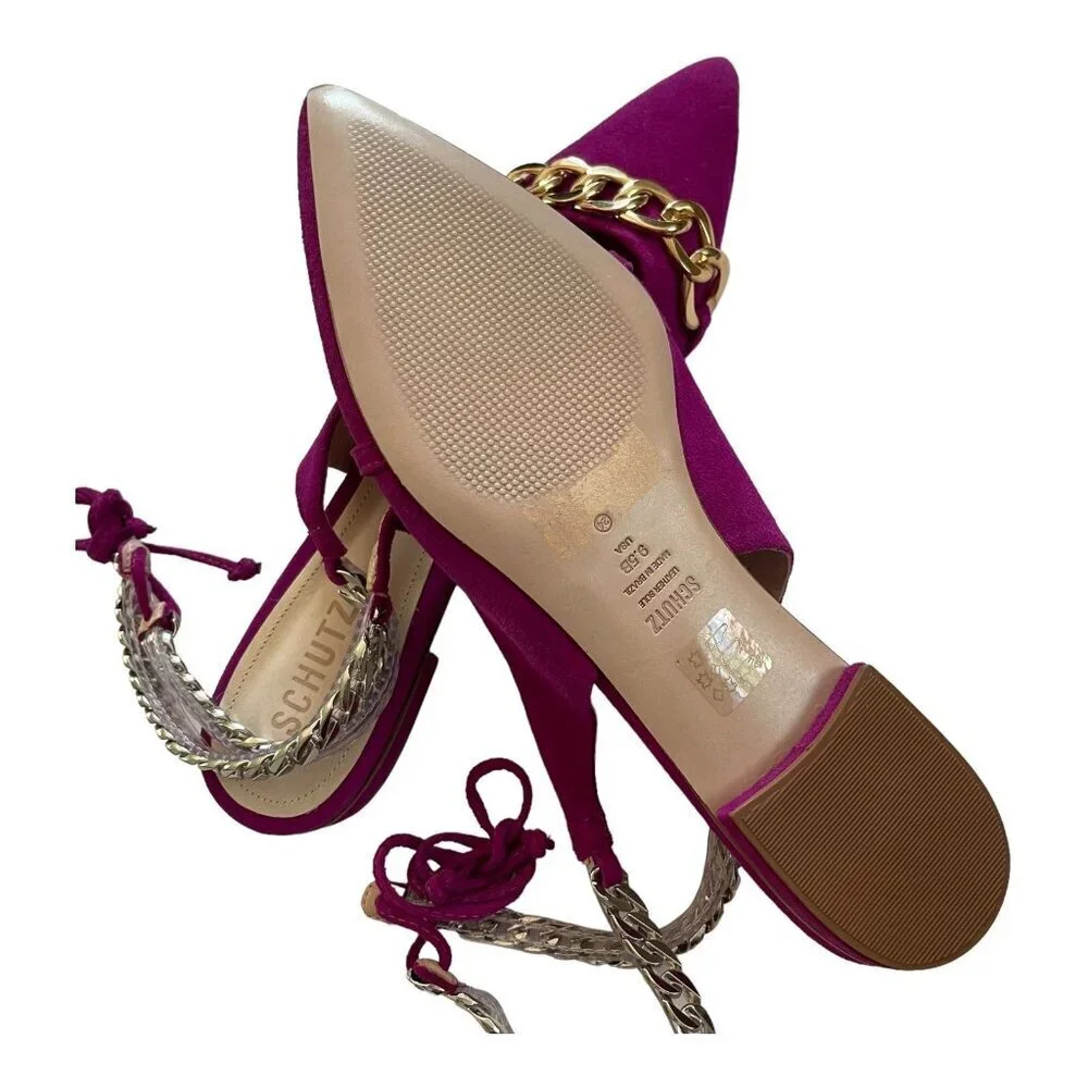 Schutz Size 9.5 Odilenny Flat Violet Pink Pointed Toe Suede Chain Ankle Tie